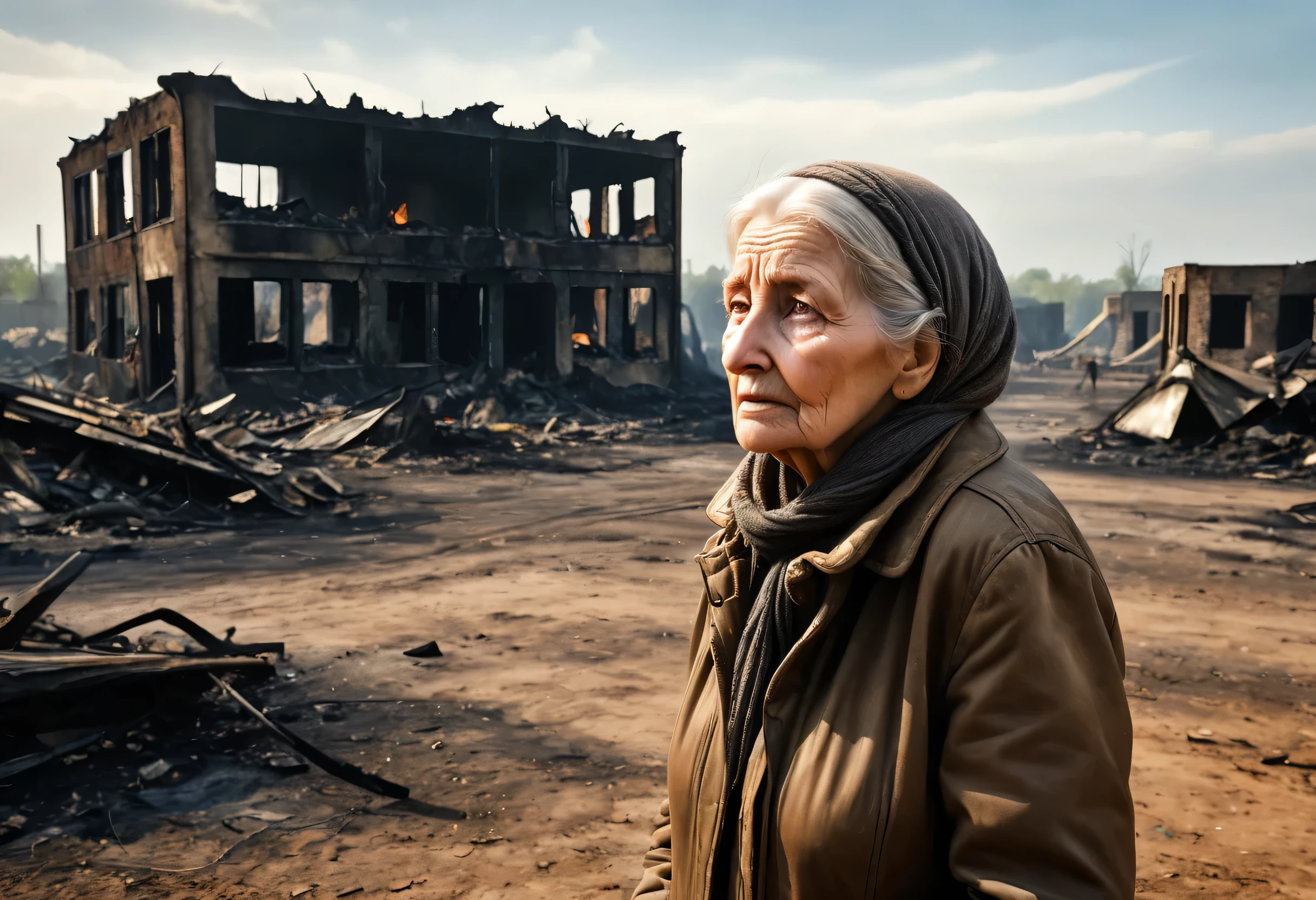 ((Photographie de paysage sauvage)),Le désert s&#39;étend d&#39;un côté,Vestiges de bâtiments,Arbre brûlé々,Une vieille femme fond en larmes devant un immeuble incendié:blanc:visage ridé:grand-mère:70 ans,La guerre mondiale est finie,Mais les membres de la famille décédés ont gagné&#39;je ne reviens pas.,Des sentiments de désespoir,chagrin,pessimisme,désir,une scène d&#39;un film,Angleterre,Modérément sale,Survivants々Expressing relief and chagrin,Je dois bientôt partir d&#39;ici.,adieu,dur,Photoréaliste,texture réaliste,Saleté réaliste,chef-d&#39;œuvre,détails complexes,National géographique,la plus haute qualité,Un désert post-apocalyptique,Focus sur la vieille femme,