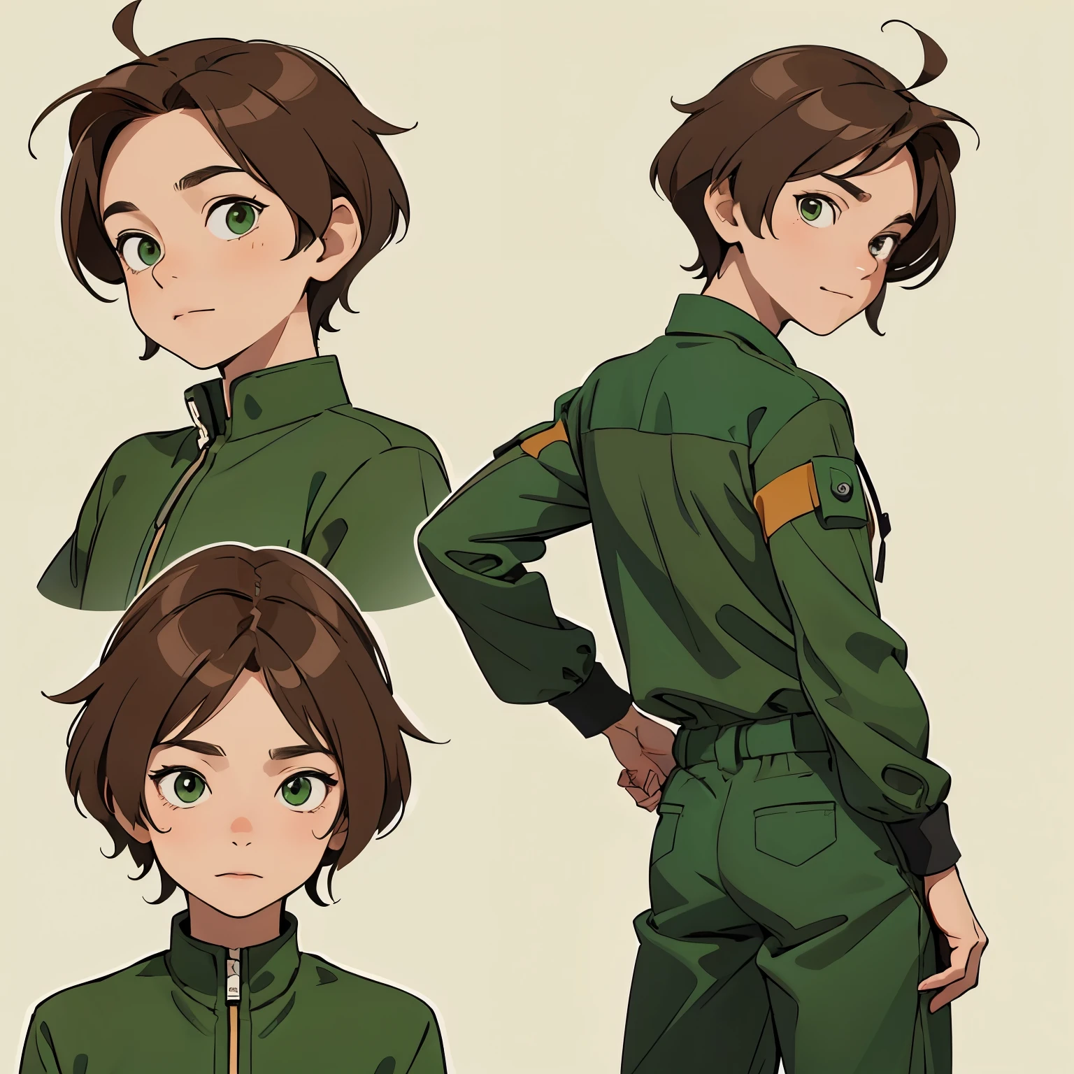 A fun and vibrant illustration of a cartoon boy with brown hair and green clothes. He is shown in multiple views, including front, side, and back, emphasizing his character base model