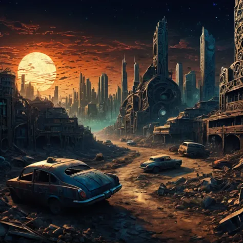 (best quality, highres, ultra sharp), magical, Post-Apocalyptic Wasteland , city, cars, people, about the curvature of Post-Apoc...