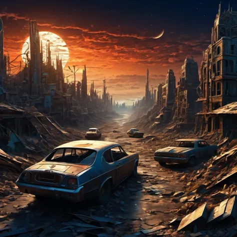 (best quality, highres, ultra sharp), magical, post-apocalyptic wasteland , city, cars, people, about the curvature of post-apoc...