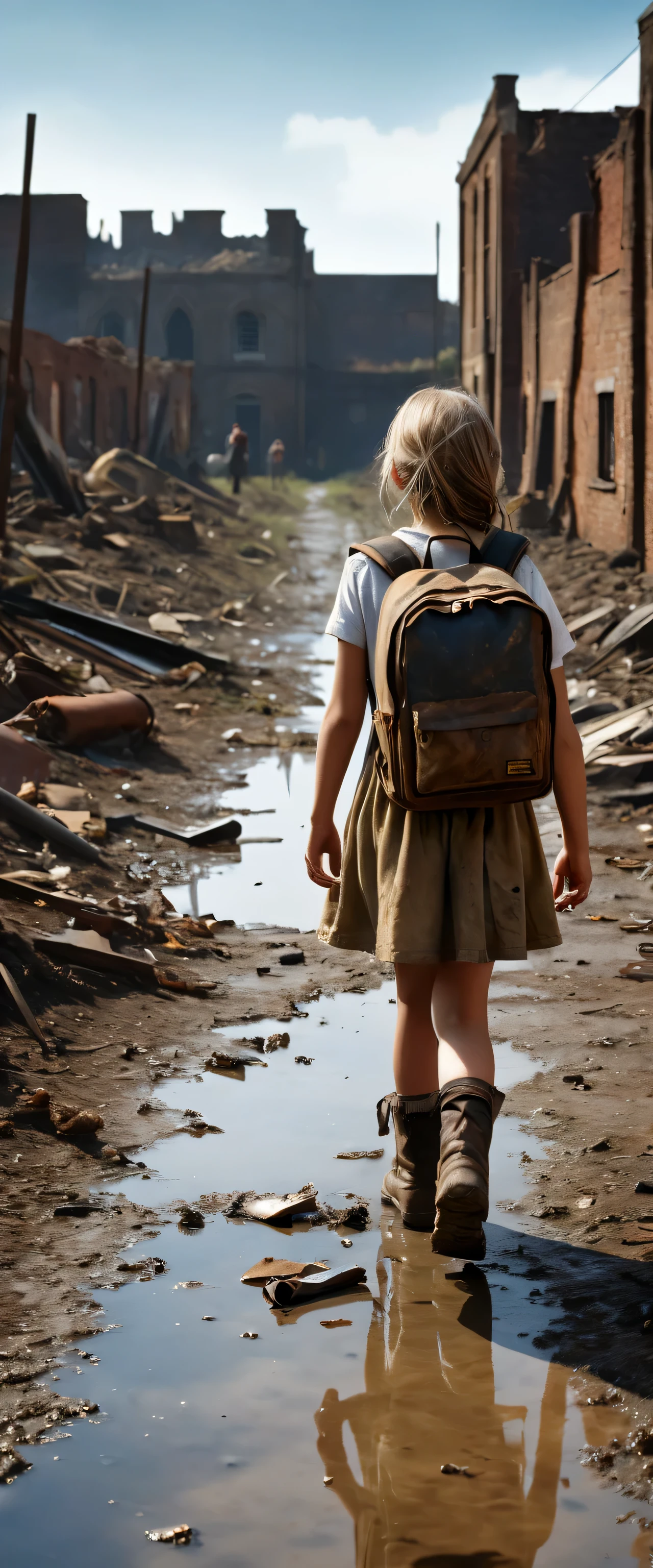 Landscape photo of wilderness and blue null,scrapped,Remains of a low building,Soil and rocks,Destroyed,burn marks,walking in a wilderness１０Year old girl:White:Bronze Hair,Back view,rucksack,The World War is over,But the family members who died won&#39;t come back.,Feelings of despair,sorrow,pessimism,Longing,Expressing the feelings of a girl who keeps walking despite despair,A scene from a movie,England,Moderately dirty,Survivors々Expressing relief and sorrow,They have to leave here soon.,farewell,hard,Photorealistic,Realistic texture,Realistic dirt,masterpiece,Intricate details,National Geographic,highest quality,Post-Apocalyptic Wasteland,Focus on the null,Realistic Light and Shadow,Multiple scattered puddles:Randomly and naturally:reflection:null,rendering,Unreal Engine,gray、Brown,Null color,Composition of thirds,Expressing hope with a beautiful blue null,A beautiful null in contrast to the wilderness