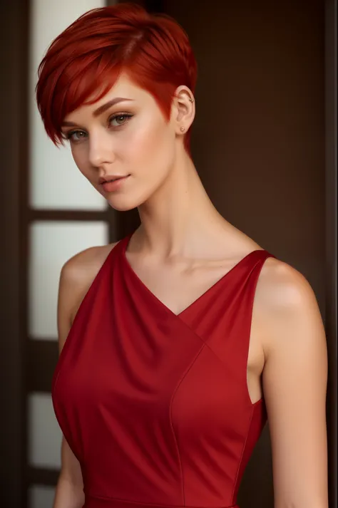 gorgeous woman, red hair, pixie cut, asymmetric dress