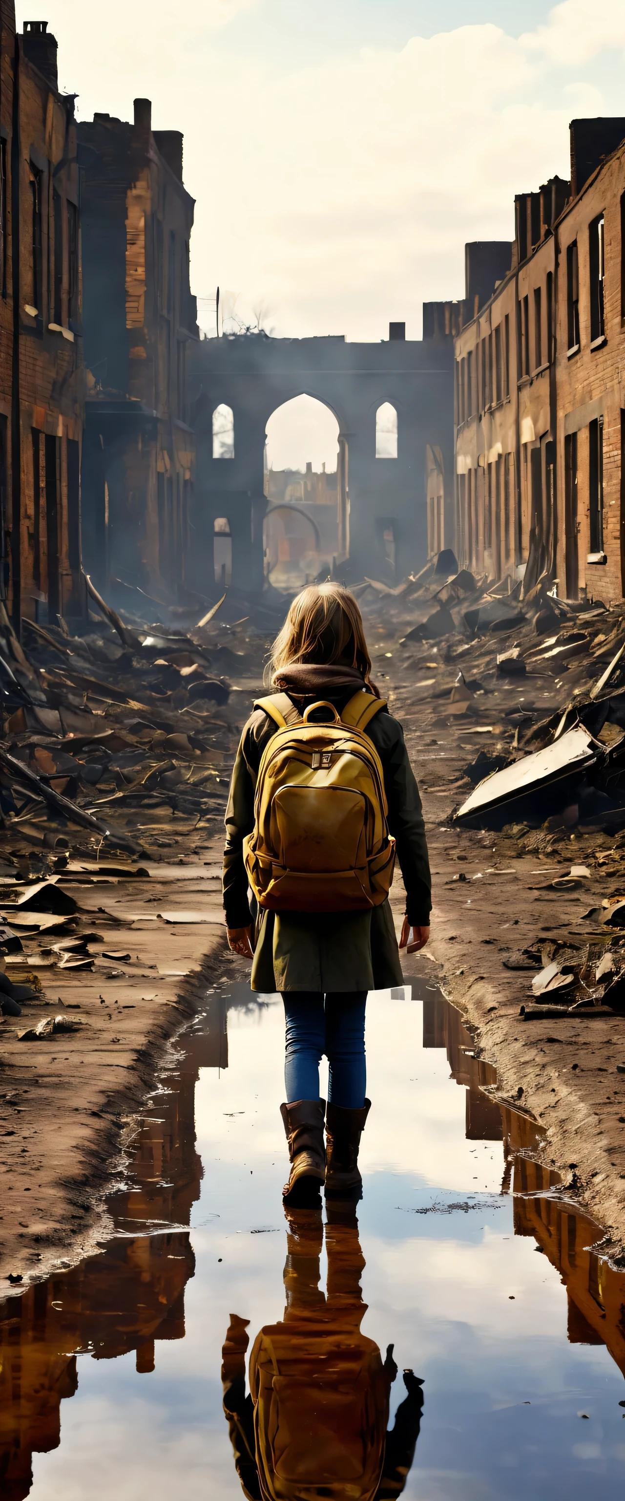 Landscape photo of wilderness and blue null,scrapped,Remains of a low building,Soil and rocks,Destroyed,burn marks,walking in a wilderness１０Year old girl:White:Bronze Hair,Back view,rucksack,The World War is over,But the family members who died won&#39;t come back.,Feelings of despair,sorrow,pessimism,Longing,Expressing the feelings of a girl who keeps walking despite despair,A scene from a movie,England,Moderately dirty,Survivors々Expressing relief and sorrow,They have to leave here soon.,farewell,hard,Photorealistic,Realistic texture,Realistic dirt,masterpiece,Intricate details,National Geographic,highest quality,Post-Apocalyptic Wasteland,Focus on the null,Realistic Light and Shadow,Multiple scattered puddles:Randomly and naturally:reflection:null,rendering,Unreal Engine,gray、Brown,Null color,Composition of thirds,Expressing hope with a beautiful blue null,A beautiful null in contrast to the wilderness