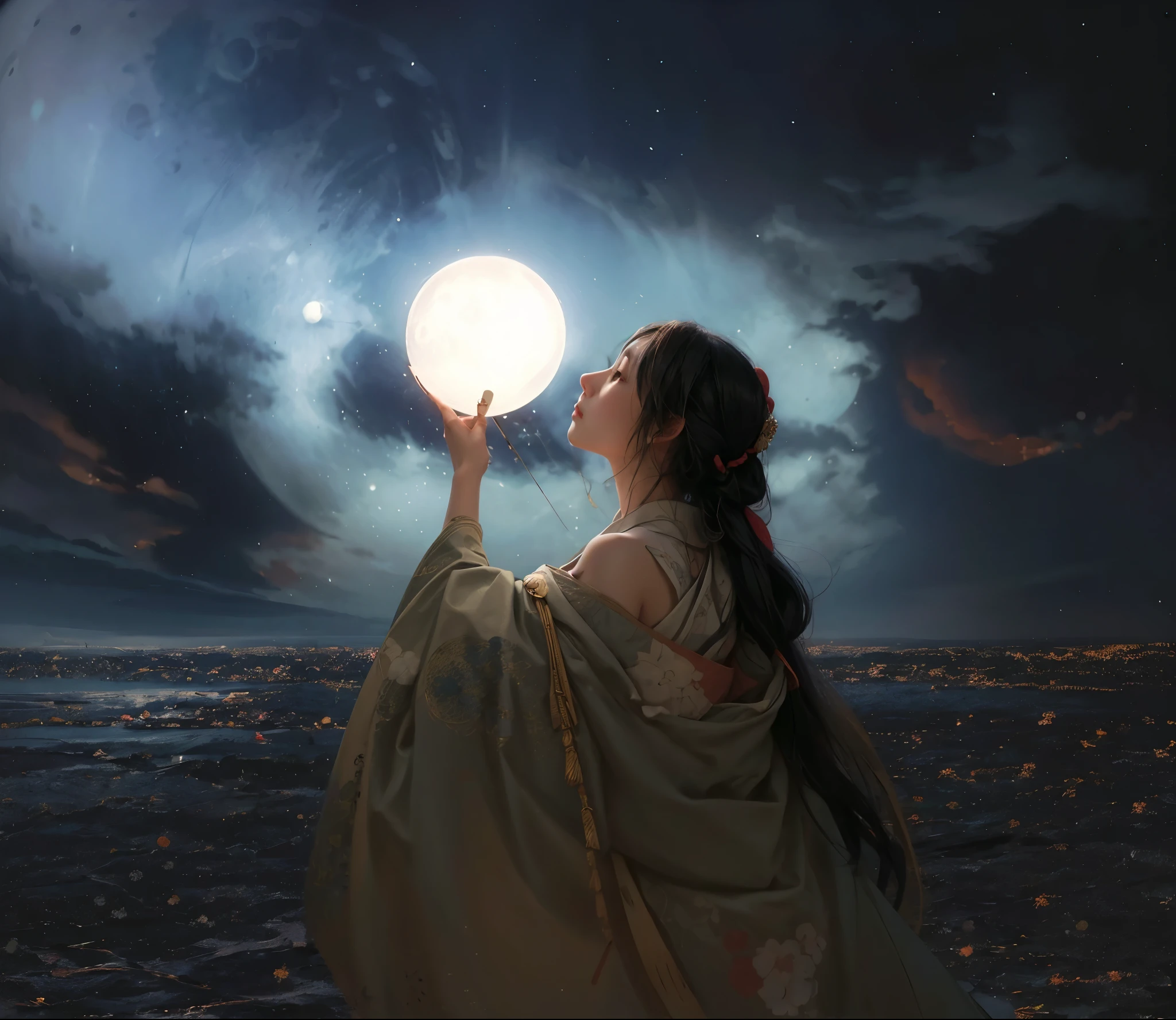 Painting of a woman wearing a kimono, A woman holding a sphere, A beautiful artistic illustration, Looking at the full moon, A full moon hangs in the sky, put the moon on the stick, the moon is behind her, Moon Goddess, Moon Goddess, girl under lantern, Japanese Goddess, Artwork in the style of Guweiz