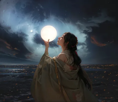 Painting of a woman wearing a kimono, A woman holding a sphere, A beautiful artistic illustration, Looking at the full moon, A f...