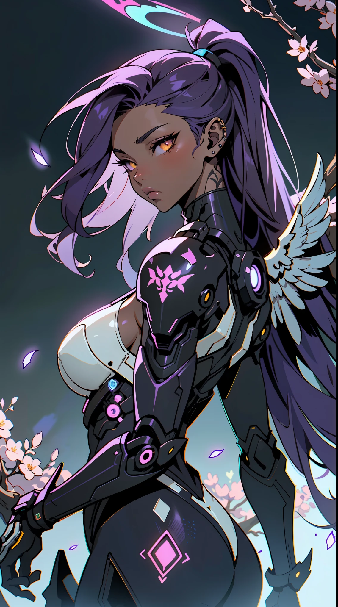 The most beautiful and sexy cyberpunk girl, purple hair, yellow eyes, dark skin, wearing highly detailed futuristic battle armor, futuristic mechanical angel wings, glowing neon halo, tons of tattoos and piercings, cherry blossoms blowing in the wind, highly detailed background, perfect masterpiece, high quality, high resolution