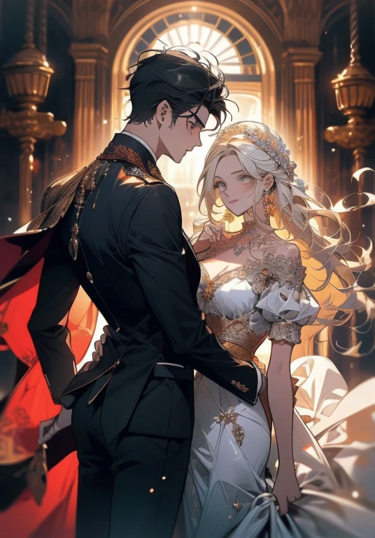 ((Master Pieces)), best qualityer, outstanding illustration, a couple kissing, softfocus, 1 boy with short black hair, blue colored eyes, 1 girl with long, wavy red hair, golden yellow eyes, Victorian Clothes, Victorian romanticism, opulent and exquisite atmosphere, soft light and warm lighting.