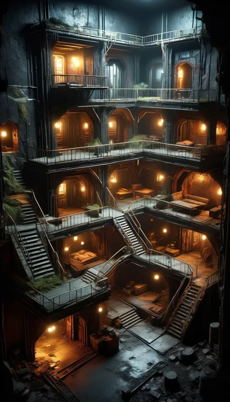 The underground luxury hotel castle section of the doomsday wasteland is shabby, rusty and spliced in appearance, and elements s...