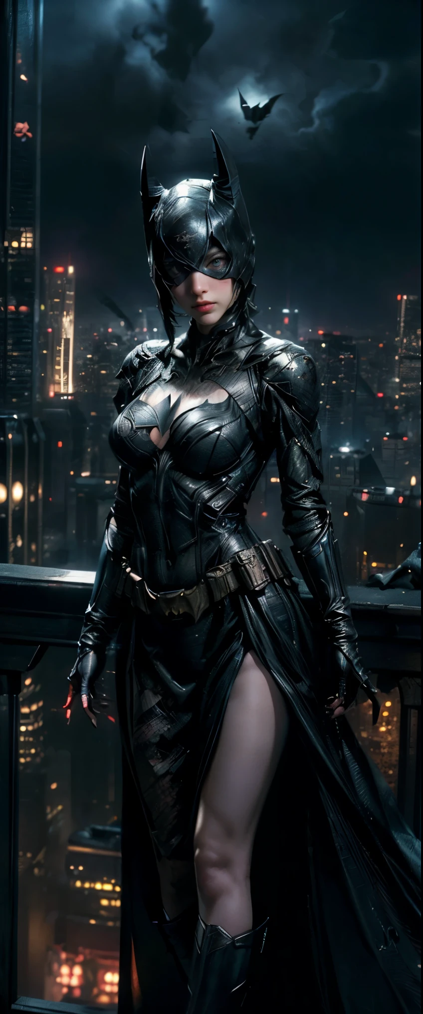 ((Masterpiece, Top Quality, High Resolution, Photorealistic, Raw, 8K wallpaper)), (huge stunning goddess shot, very hot and sexy, jaw dropping beauty, perfect proportions, beautiful body, slim body beauty: 1.4), batman standing on Rooftop overlooking city skyline at night, gotham city background, nighttime in gotham city, gotham city, from movie batman, gotham city double exposure, gotham city style, film still of batman, metropolis filmic gotham city, cyberpunk batman, still image from batman movie, in batman movie still cinematic, gotham setting, the batman, gotham, 