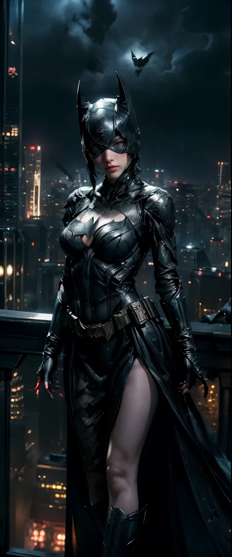 ((Masterpiece, Top Quality, High Resolution, Photorealistic, Raw, 8K wallpaper)), (huge stunning goddess shot, very hot and sexy, jaw dropping beauty, perfect proportions, beautiful body, slim body beauty: 1.4), batman standing on Rooftop overlooking city ...