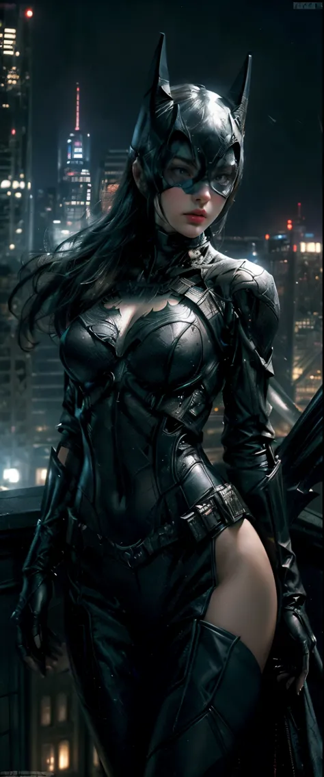 ((Masterpiece, Top Quality, High Resolution, Photorealistic, Raw, 8K wallpaper)), (huge stunning goddess shot, very hot and sexy, jaw dropping beauty, perfect proportions, beautiful body, slim body beauty: 1.4), batman standing on Rooftop overlooking city ...