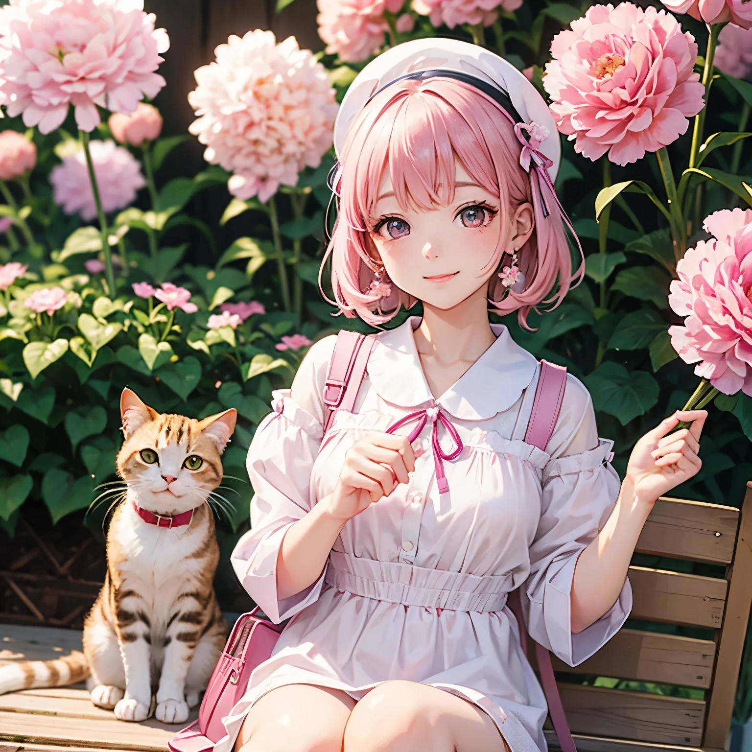 Cat with pink ribbon、Pink Hair、Pink eyes、White clothing、smile、Travel Bag、carnation、Background carp streamers