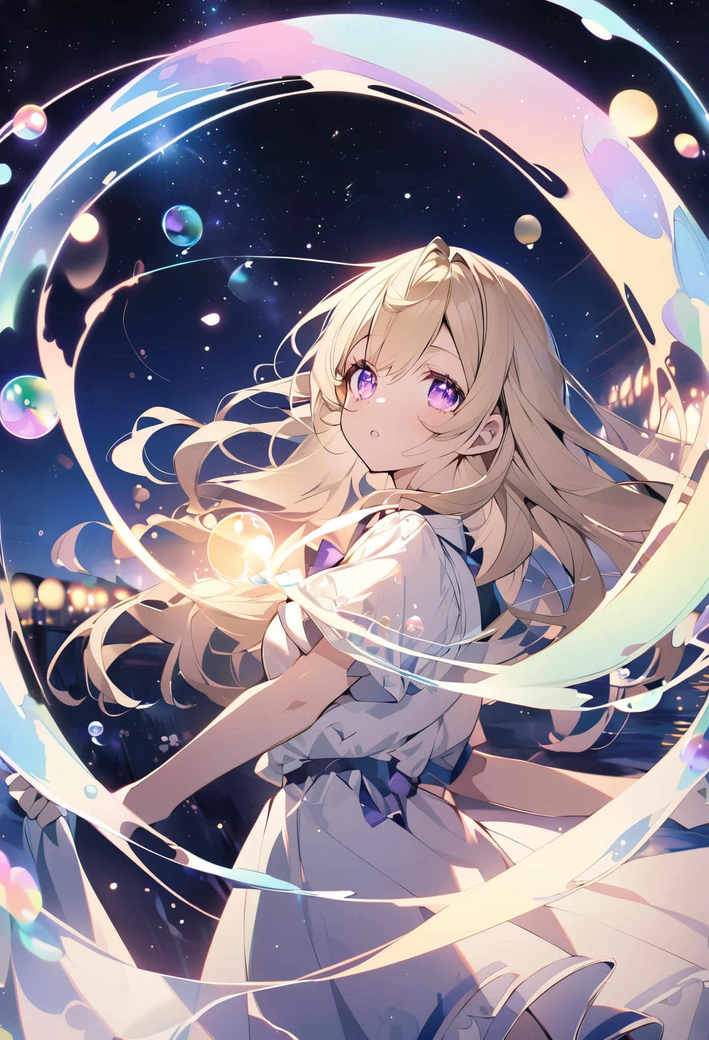 Blowing bubbles under the stars、Anime style light blonde haired girl with purple eyes