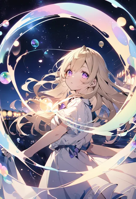 blowing bubbles under the stars、anime style light blonde haired girl with purple eyes