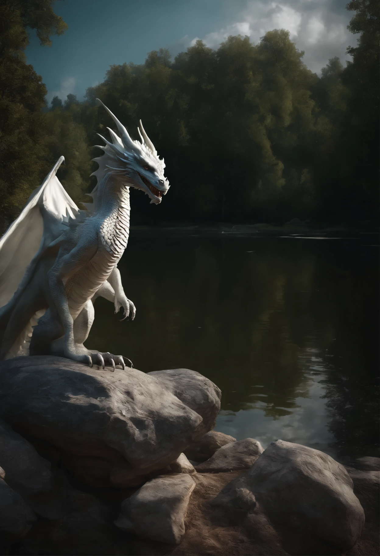 Masterpiece,4k realism, ((((1white dragon, lake and water, Best quality, Masterpiece, Ultra-high resolution, (photograph realistic:1.4), surrealism, Dream-like,fusionart, Shadowdancer, shadow magic, darkness control, stealth, shadowstep, umbral spells, hidden blade,,)),,), digital art, hyper-realistic 8K