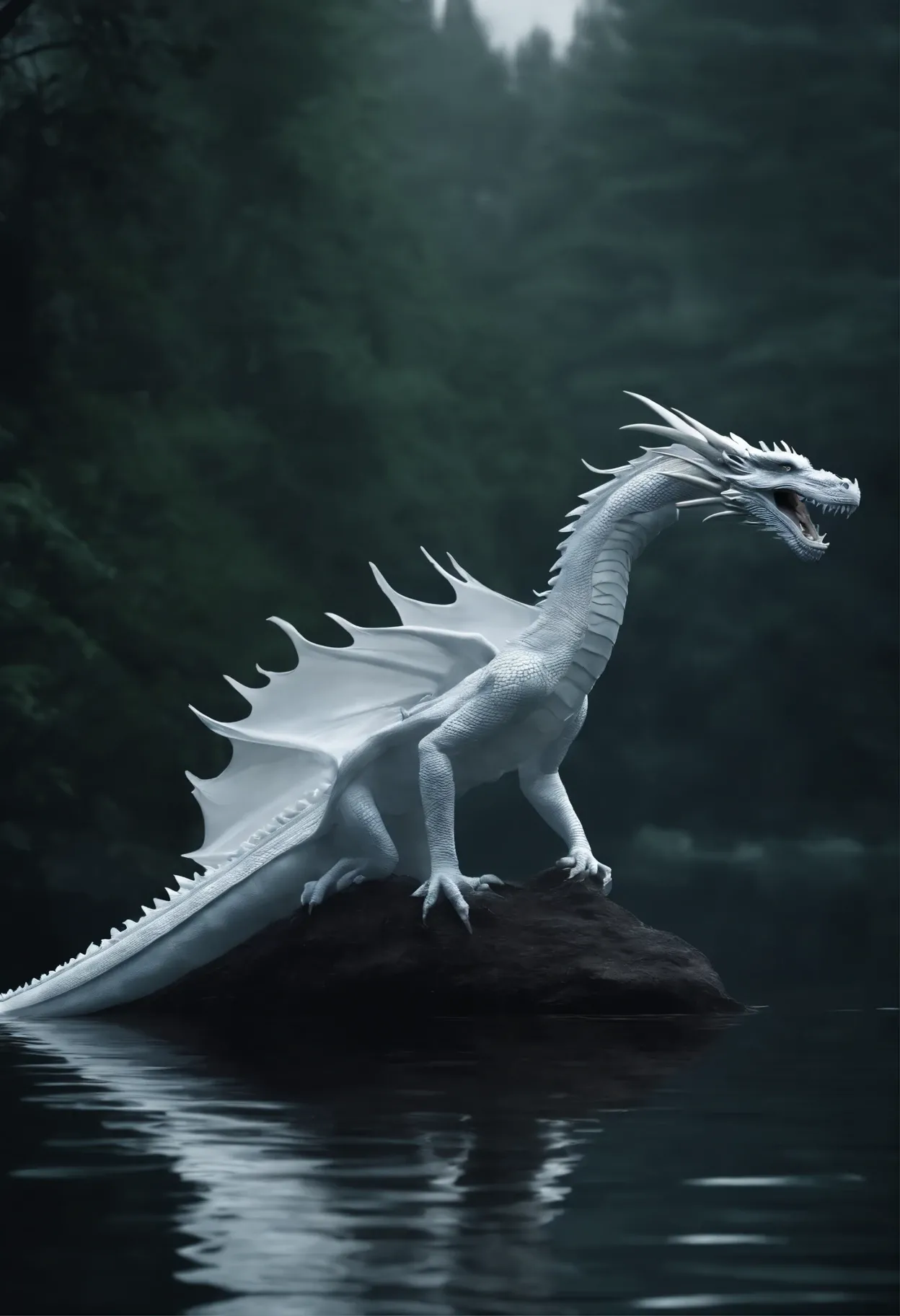 Masterpiece,4k realism, ((((1white dragon, lake and water, Best quality, Masterpiece, Ultra-high resolution, (photograph realistic:1.4), surrealism, Dream-like,fusionart, Shadowdancer, shadow magic, darkness control, stealth, shadowstep, umbral spells, hidden blade,,)),,), digital art, hyper-realistic 8K