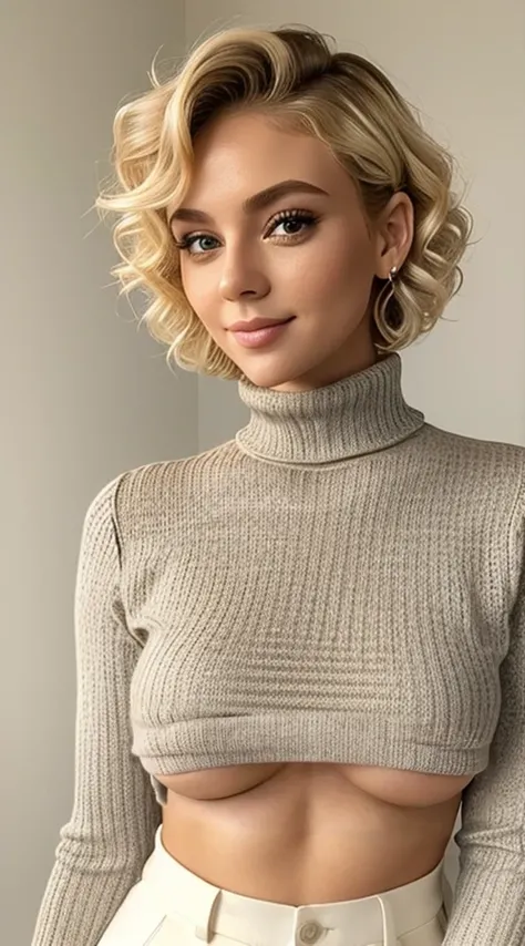 Beautiful arafed Girl 25 years old, blond short curly hair, fine nice detaild face, black turtleneck  knitted tight sweather, br...