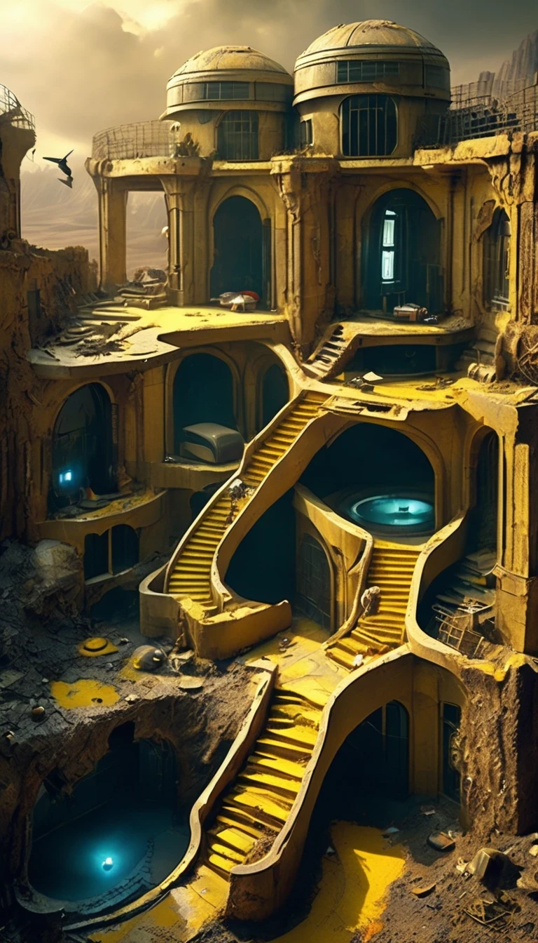 digital art of Aerial photography shows that many doomsday residents are in the underground luxury hotel castle of the doomsday wasteland. Inside are light luxury hotel facilities with a sense of technology, huge high-tech vents and channels linking various rooms,
Background: The appearance of the ground is shabby, rusty, spliced, hot sun and wind, yellow sand rolling, and the broken eaves and broken walls are a barren scene everywhere.,Apartment,Attic, Cellar, Underground, Makeshift,Hotel Room,Bedroom,Passageway,Architecture,Dark Fantasy,Postcyberpunk,Futuristic, Sci-fi, Mythpunk,The picture is from Dario Argento's work,The picture is from Wong Kar-wai's work, hyper quality,high detail,high resolution,hyperrealism,surrealism,HD,16K,telephoto lens,A bird's-eye view,aerial view,Split Lighting,