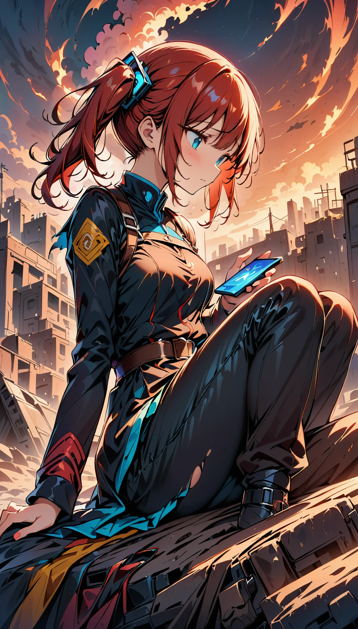 (highest quality:1.2, Very detailed, up to date, Vibrant, digital coloring, High Contrast, masterpiece:1.2, Best Quality, Best aesthetics), 1 female, Red hair, side ponytail hair、Sitting on a pile of junk, Look down, Painful expression, military uniform, Torn clothes, Belt with equipment attached, Unusable communication gadgets, A city with no one, End of the World, Ruined City, Dark color palette,Smoke rising from the sky, Sand Dust, A long, dark night.