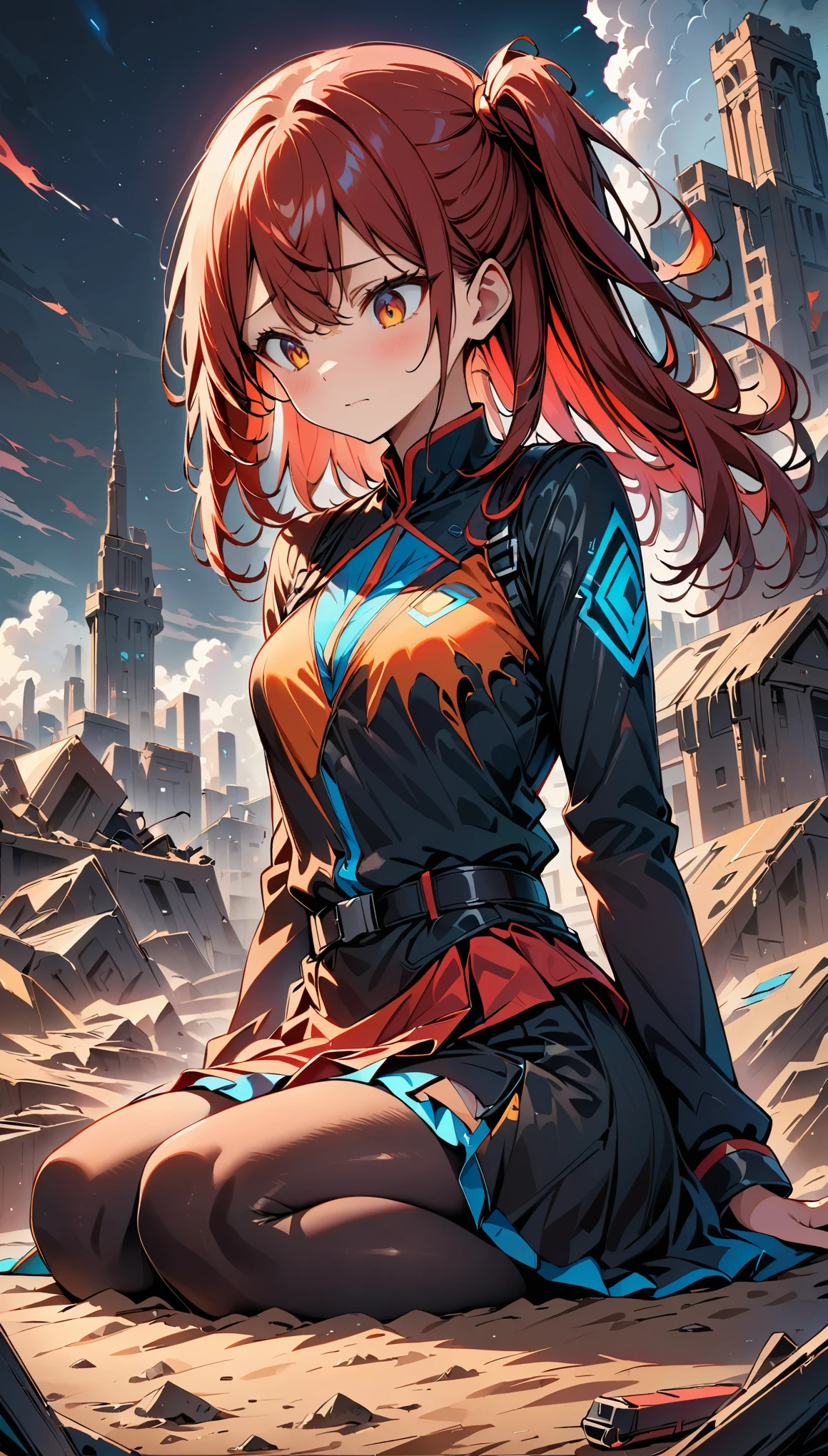 (highest quality:1.2, Very detailed, up to date, Vibrant, digital coloring, High Contrast, masterpiece:1.2, Best Quality, Best aesthetics), 1 female, Red hair, side ponytail hair、Sitting on a pile of junk, Look down, Painful expression, military uniform, Torn clothes, Belt with equipment attached, Unusable communication gadgets, A city with no one, End of the World, Ruined City, Dark color palette,Smoke rising from the sky, Sand Dust, A long, dark night.