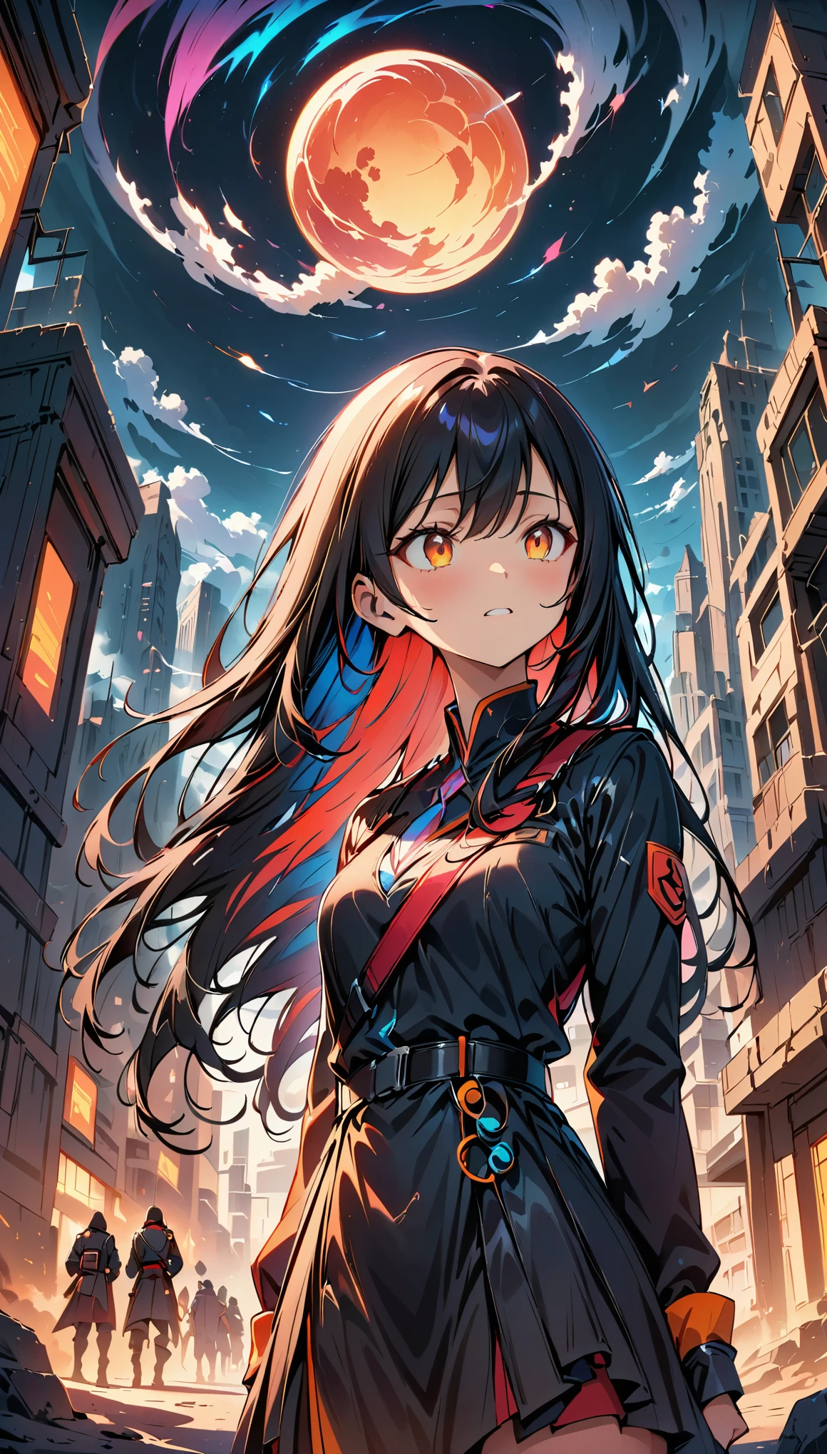 (highest quality:1.2, Very detailed, up to date, Vibrant, digital coloring, High Contrast, masterpiece:1.2, Best Quality, Best aesthetics), 1 female, Black Hair, Long Straight Hair、Looking up into the void, Painful expression, military uniform, Torn clothes, Belt with equipment attached, Unusable communication gadgets, A city with no one, End of the World, Ruined City, Dark color palette,Smoke rising from the sky, Sand Dust, A long, dark night.