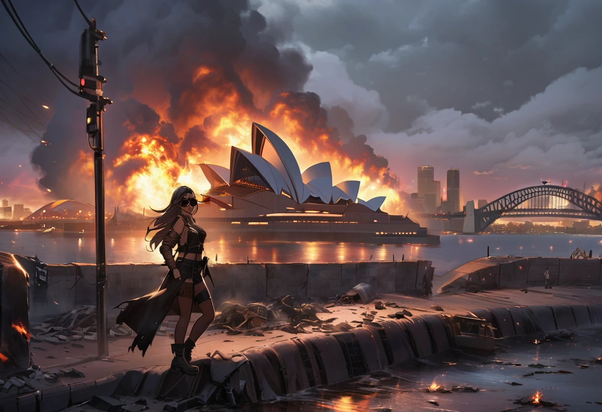 Hafen von Sydney, 1 Mädchen, farbige Frau, im Stil von Mad Max, Das Opernhaus in Sydney brennt und stürzt ein, Mädchen hat verspiegelte Sonnenbrille, zerrissene Lederjacke, Kriegsbemalung, Apokalyptische Stadt, Stadt von Zombies verwüstet
