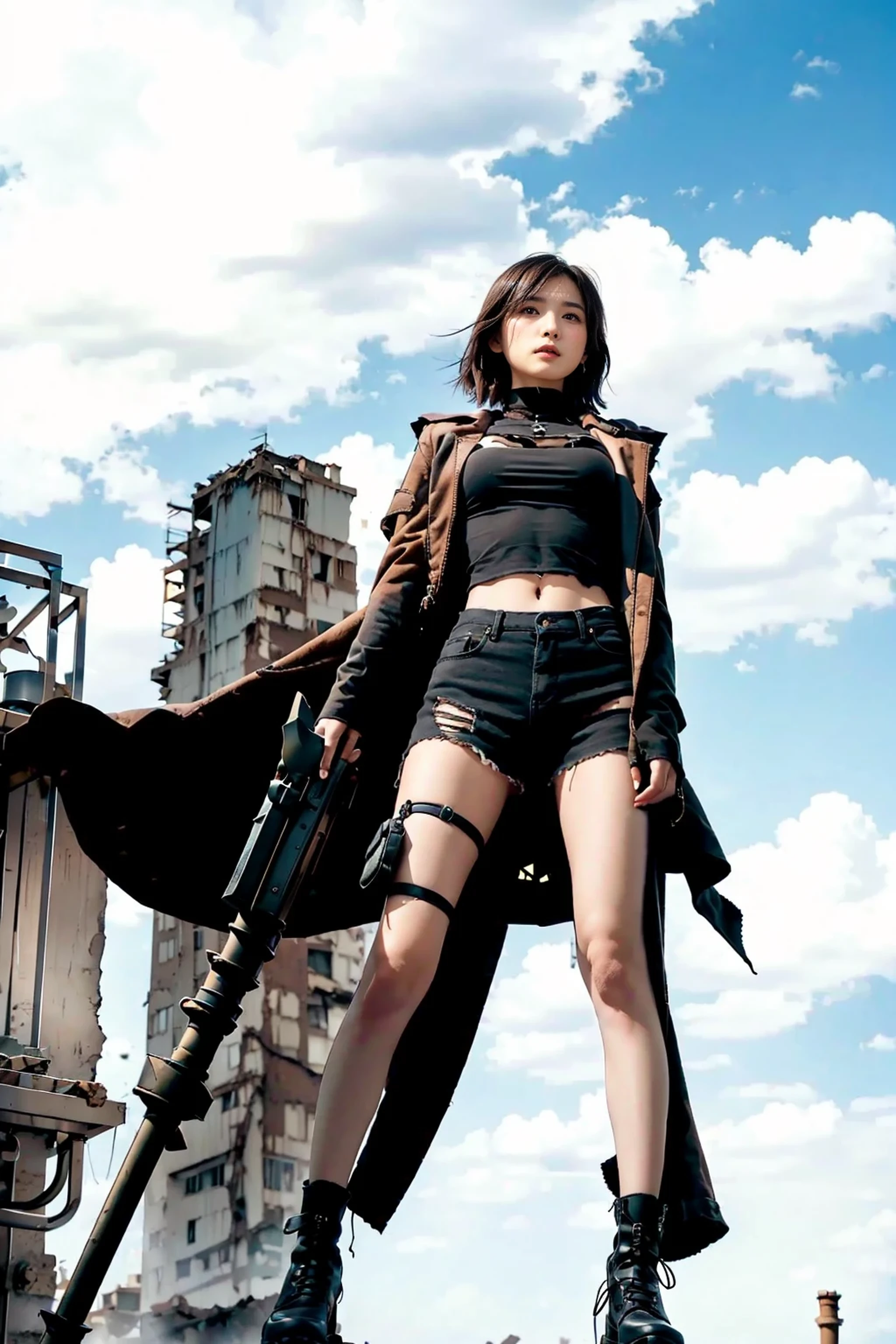 Brown short hair girl、A structure piercing the sky in the distance、anime art wallpaper 8k, 16k、(Disparity society)、((One of his arms is made of machinery))、Black long boots、((A ruined world))、Destroyed City、(a girl standing at the rooftop of a building)、Clothes dirty with dust、Damage costume、((Black make-up on the face))、Fluttering costumes、Fluttering Hair、Exploding buildings、Dark Clouds、(Dystopia)、((Chaotic world))、Reddish long coat、(Handmade rifles)、