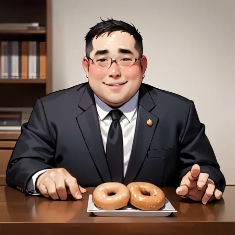 Male solo images、A slightly overweight man in a suit,Eat a donut、Grinning face、A box of donuts on a desk、Office desk background ...