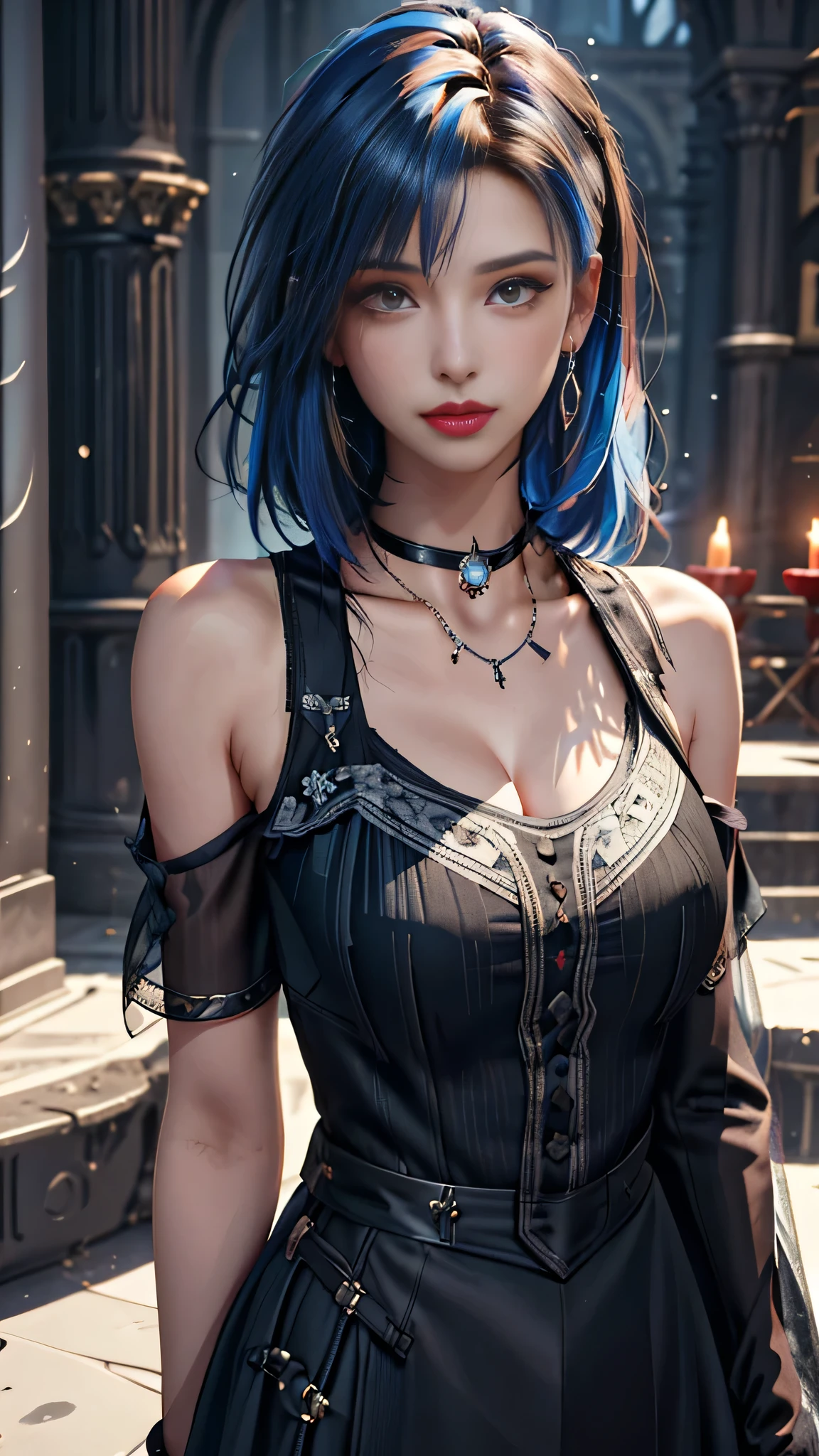 masterpiece, highest quality,3D rendering work ,3dmm style,close,Portraiture, 3D,One girl, alone, Multicolored Hair, Blue Hair, Black Hair, necklace, freckles, jewelry, Two-tone hair, When you look to the side, Realistic, Upper Body, Simple Background, bangs, avert your eyes, short hair, parted lips, Iris, lips, Gothic, choker, compensate, Mole, black shirt, shirt, watermark