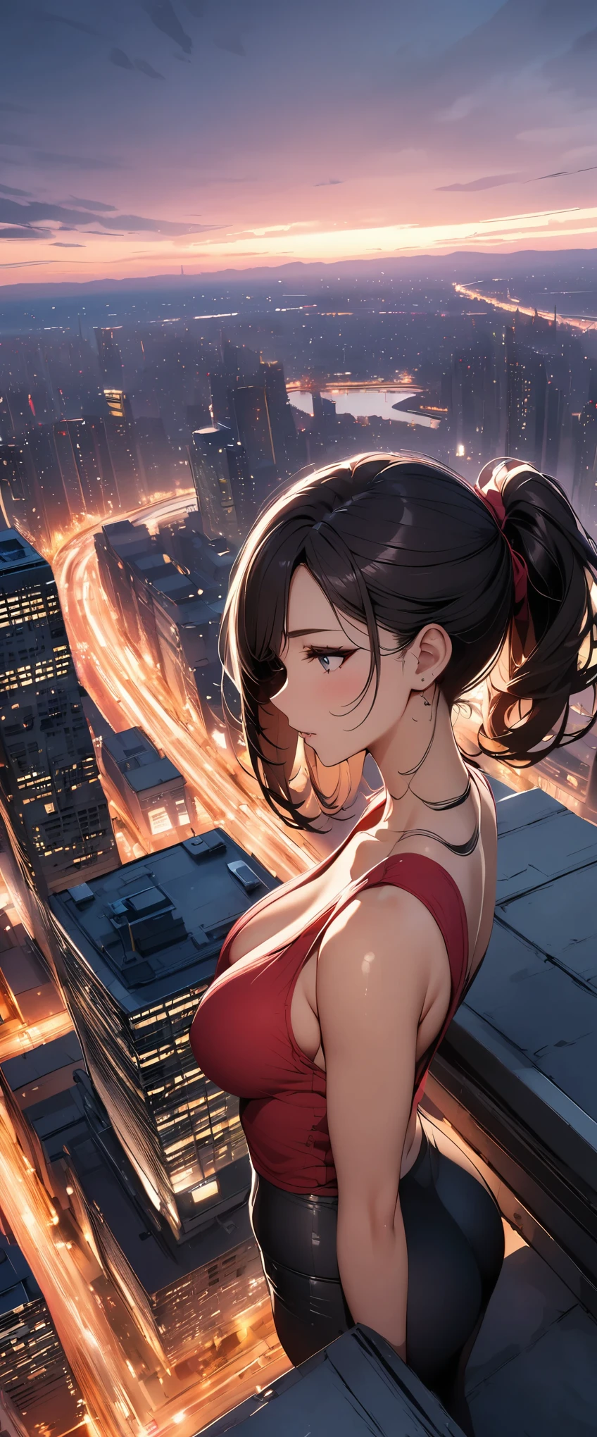 ((Masterpiece, top quality, high resolution)), ((highly detailed CG unified 8K wallpaper)), (huge stunning goddess shot, very hot and sexy, jaw dropping beauty, perfect proportions, beautiful body, slim body beauty: 1.4), Back view of woman standing on top of skyscraper, Special forces waiting for the signal to go in, standing on top of sky scraper, standing on rooftop, standing on rooftop, looking down on modern city, walking on top of small city, sitting on top of skyscraper, Mirror's Edge in Russia, rooftops of cities,