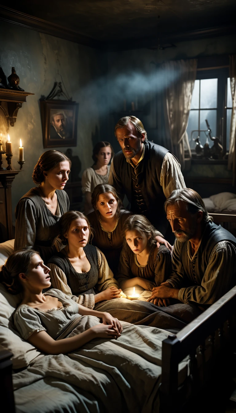 A family gathered around a sickbed, their faces etched with fear and despair as they watch a loved one succumb to the plague, background cinematic, hyper realistic, ultra detailed hyper realistic, photorealistic, Studio Lighting, reflections, dynamic pose, Cinematic, historical accuracy, Color Grading, Photography, Shot on 50mm lens, Ultra-Wide Angle, Depth of Field, hyper-detailed, beautifully color, 8k