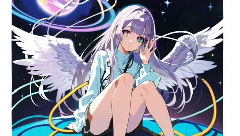 1girl, by yoneyama mai, by maimuro, pseudo-impasto, waving, Heterochromatic pupil, (sitting on a neon planet), cowboy shot,amazing quality, depressed, angel wings, solo, white long hair, wings bangs, provocative, cosmic background, cables and wires contras...