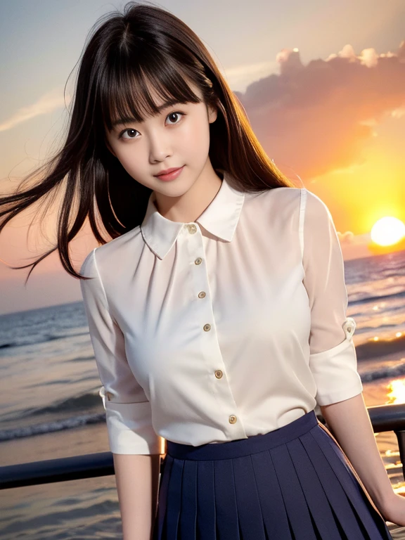 (highest quality, High resolution, Tabletop :1.3), (Shooting from below), high school girl、Wearing 、、Japanese women,（whole body）、24-years-old、Wearing a miniskirt、Healthy thighs、Even bangs、 Very beautiful face, Beautiful girls, Beautiful realistic face,Beautiful woman, Orange sunset sky, Sun and clouds with ocean in the background,  her hair is black、I have a long hairstyle。. She is wearing a white blouse and a navy pleated skirt, Stand with your feet wide apart, Blushing, looking at the camera, Dynamic photography