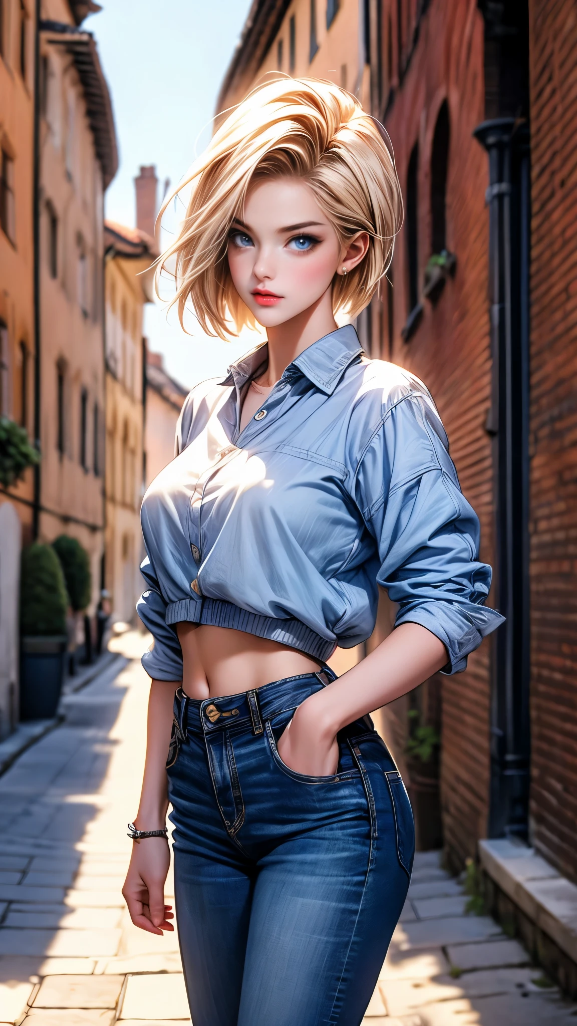 highest quality, High resolution, and 18, 1 girl, android 18, alone, blonde hair, blue eyes, short hair, Wearing jeans、Wearing a white sportブラジャー、Big Breasts、The photo was taken on a brick street in Europe.、The weather was fine、