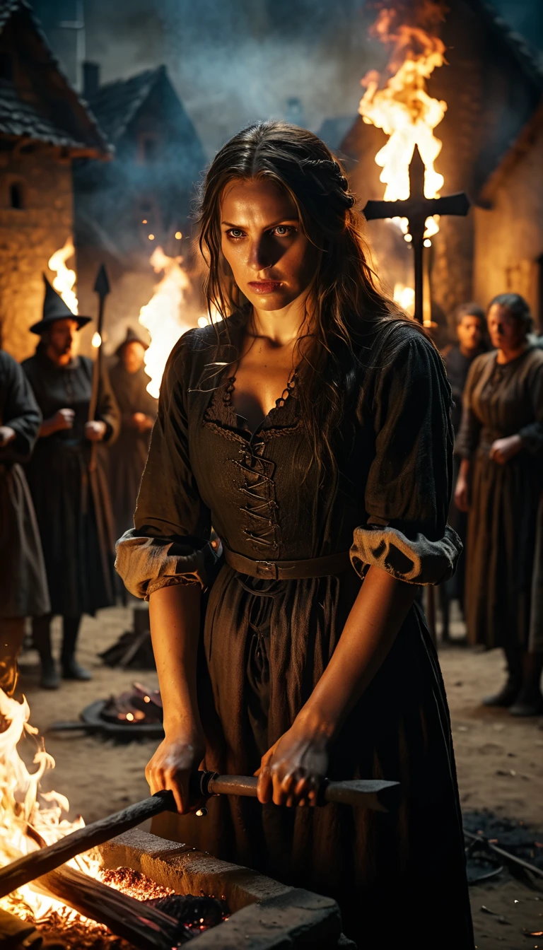 A woman accused of witchcraft being burned at the stake, blamed for bringing the plague upon the town, background cinematic, hyper realistic, ultra detailed hyper realistic, photorealistic, Studio Lighting, reflections, dynamic pose, Cinematic, historical accuracy, Color Grading, Photography, Shot on 50mm lens, Ultra-Wide Angle, Depth of Field, hyper-detailed, beautifully color, 8k