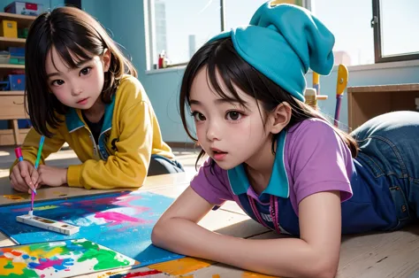 (masterpiece, highest quality, Highest image quality,photorealistic, Raw photo),Elementary school students are playing with pain...