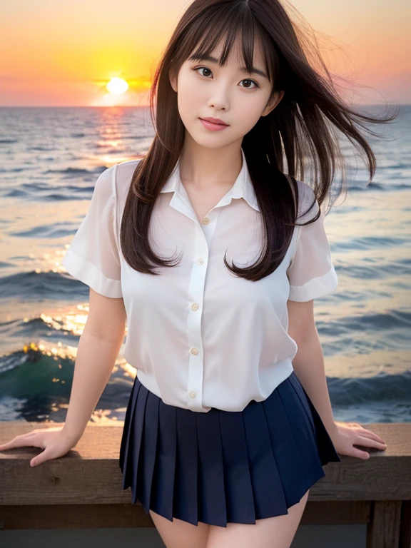 (highest quality, High resolution, Tabletop :1.3), Wearing 、、Japanese women,（whole body：1.3）、24-years-old、Wearing a miniskirt、Healthy thighs、Even bangs、 Very beautiful face, Beautiful girls, Beautiful realistic face,Beautiful woman, Orange sunset sky, Sun and clouds with ocean in the background,  her hair is black、Long Hairstyles、（She is wearing a white short-sleeved blouse and a navy pleated skirt：1.2）, Stand with your feet wide apart,looking at the camera, Dynamic photography