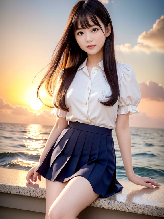 (highest quality, High resolution, Tabletop :1.3), 、Japanese women,（whole body：1.3）、24-years-old、Wearing a miniskirt、（Healthy thighs：1.4）、Even bangs、 Very beautiful face,  Beautiful realistic face,Beautiful woman, Orange sunset sky, Sun and clouds with ocean in the background,  her hair is black、Long Hairstyles、（She is wearing a white short-sleeved blouse and a navy pleated skirt：1.2）, Stand with your feet wide apart,looking at the camera, Dynamic photography