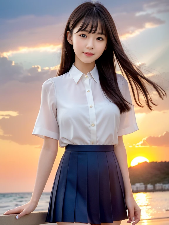 (highest quality, High resolution, Tabletop :1.3), 、Japanese women,（whole body：1.3）、24-years-old、Wearing a miniskirt、（Healthy thighs：1.4）、Even bangs、 Very beautiful face,  Beautiful realistic face,Beautiful woman, Orange sunset sky, Sun and clouds with ocean in the background,  her hair is black、Long Hairstyles、（She is wearing a white short-sleeved blouse and a navy pleated skirt：1.2）, Stand with your feet wide apart,looking at the camera, Dynamic photography