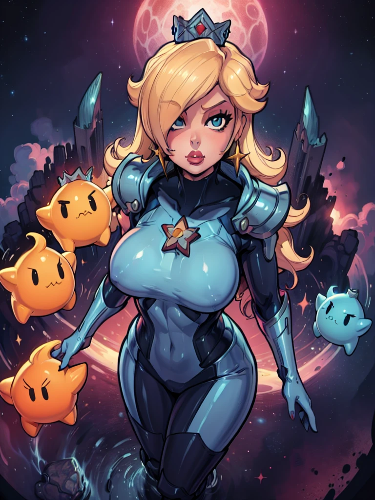 rosalina reinventada como una milf con un traje espacial y una estrella en el pecho, guardián estelar inspirado, retrato de una heroína de anime femenina con curvas, delineado!!!, arte lineal!!, female protagonist, Arte conceptual!!, fanart detallado, traje de cuerpo armadura chica, 