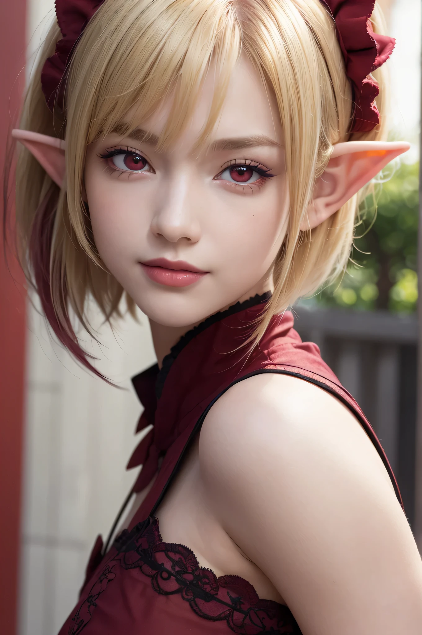 absurdres, (8k, RAW photo, best quality), masterpiece, hyper detailed, perfection, best quality, photo-realistic, (((1girl:1.2, blond girl))), (((solo:1.2))), elf, elf ears, (((shortcut hair))), (((burgundy hair ends))),  (((scarlet red eyes))), (slanted red eyes, tsurime), blond eyebrows, (portrait:1.34), face shot, full-length:1.5, (((fashion model pose))), at schoolyard, daylight, amazing shadow, close-up, (evil smile), (((face close-up)))