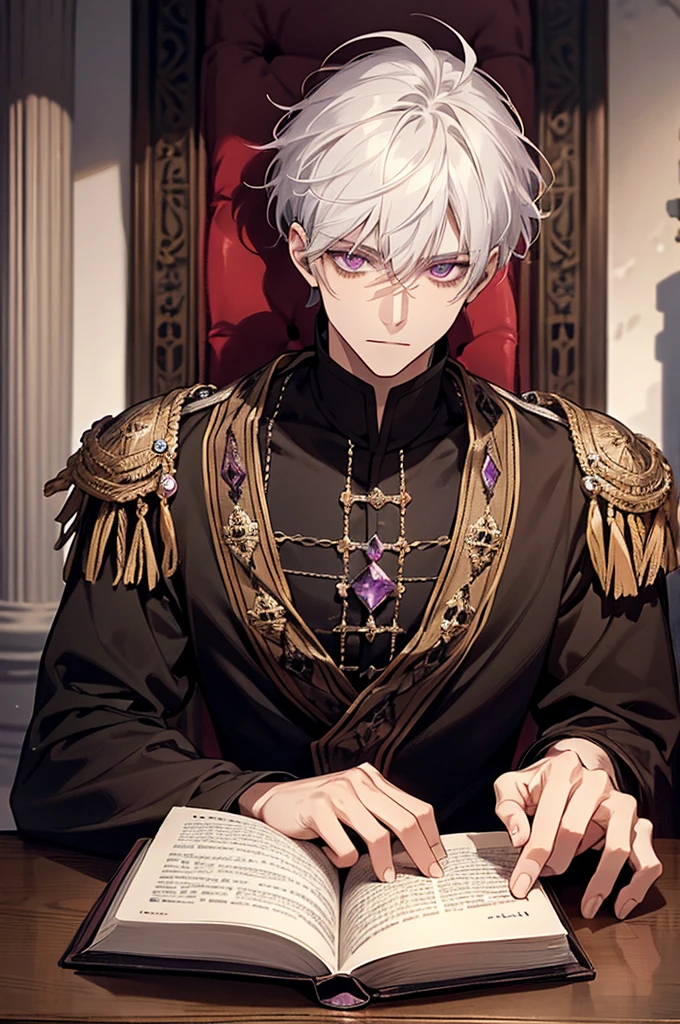 1male, calm, adult, age 35 face, short messy with bangs, white hair, amethyst colored eyes, royalty, prince, wears black clothing, in a castle, adult face, medieval times, close up, sitting at a table with a book, two hands, calm