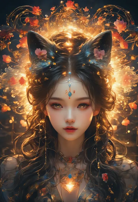 Full body photography of girl in lotus pose，Raw, movie shot, (Sharp focus:1.5), (Reality:1.4), Dusk lighting, Volumetric Lighting, Ultra-high resolution,Dramatic Lighting, White background,（Zentangle，Mandala，Tangle，Entanglement), Fox Demon，Fox Mask，Short c...