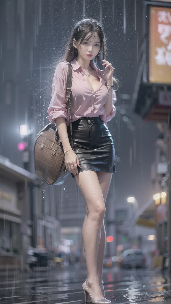 (Realistic:1.5, 16k, highest quality, masterpiece, Ultra-high resolution), ((Typhoon heavy rain, From below)), Perfect dynamic composition:1.2, (Modern city at night, Expressions of sadness:0.9, Sit on the stairs:1.0), Highly detailed skin and facial textures:1.2, Young Japanese woman getting wet in the rain:1.3, Incredibly slim body:1.2, Fair skin:1.2, Sexy beauty:1.1, beautifully、beautiful:1.1, Very beautiful face:1.2, Water droplets on the skin, (The rain drips down on my body:1.2, Wet body:1.2, Wet Hair:1.3), (Wet pink tight skirt:1.2, Wearing wet girly clothes:1.3), (Shapely large breasts, Chest gap), (Big eyes that exude beautiful eroticism:0.8, Lips that exude beautiful eroticism:0.8), necklace, Earrings, bracelet, wedding ring, Shoulder bag, clock