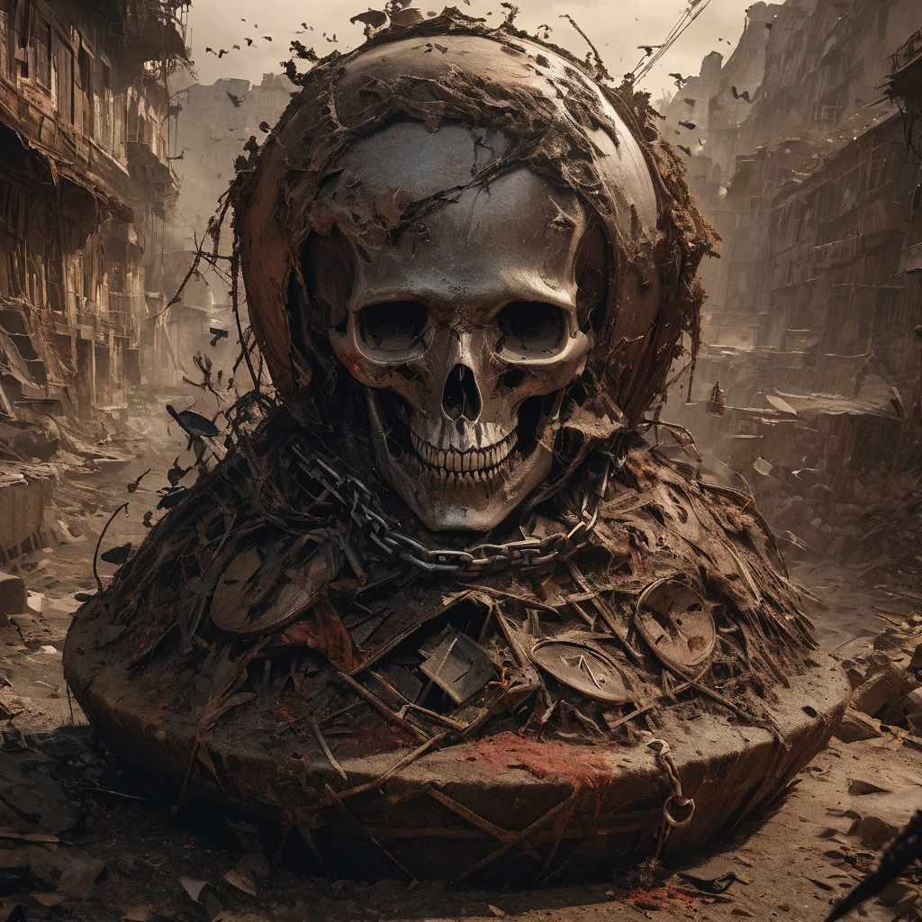 A crow sits on a large skull suspended by chains., Realistic dark concept art, Apocalyptic Art, highly realistic concept art, Detailed 4k horror artwork, 4KVery detailedなデジタルアート, 4k concept art and surrealism, stylized fantasy artwork, eerie nostalgic concept art, Surrealist Concept Art, Blood gushed out、look up to the sky, The world of the dead, Reminiscent of death, confusion、red liquid、Ashes are flying、floater、Giant float、The world of the dead、Tombstones of the Cross、(Photo real:1.4)、Shot with Canon 5D mk4, Shot with Canon EOS 5D Mark IV, Shot with Canon EOA 6D Mark II, Very detailedな顔と肌の質感、 Delicate eyes、Double eyelids、Very detailed, Fine details, masterpiece, Top quality, Ultra Detailed、dust、wind