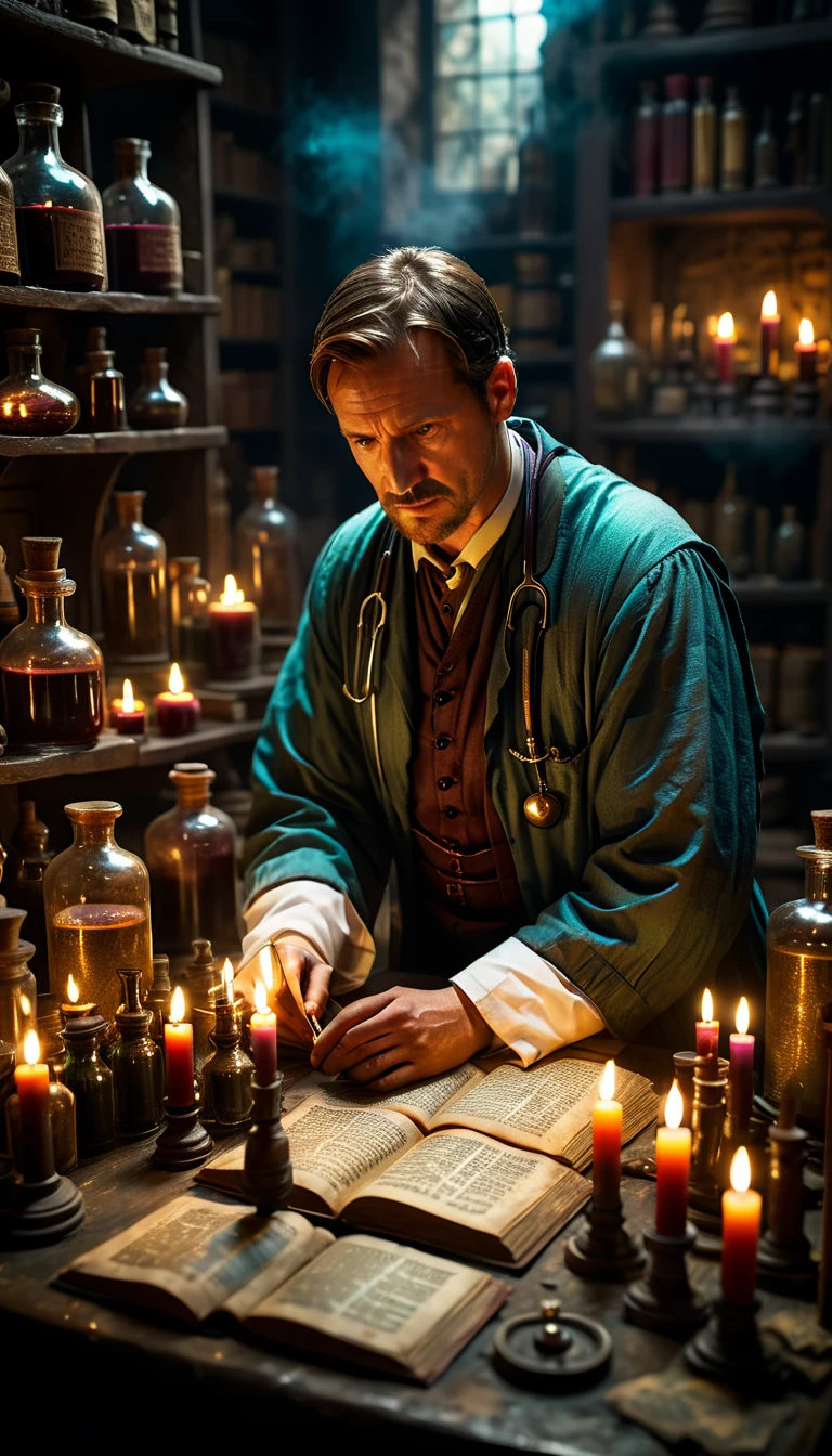 A doctor desperately searching for a cure, surrounded by vials of mysterious potions and ancient texts, background cinematic, hyper realistic, ultra detailed hyper realistic, photorealistic, Studio Lighting, reflections, dynamic pose, Cinematic, historical accuracy, Color Grading, Photography, Shot on 50mm lens, Ultra-Wide Angle, Depth of Field, hyper-detailed, beautifully color, 8k