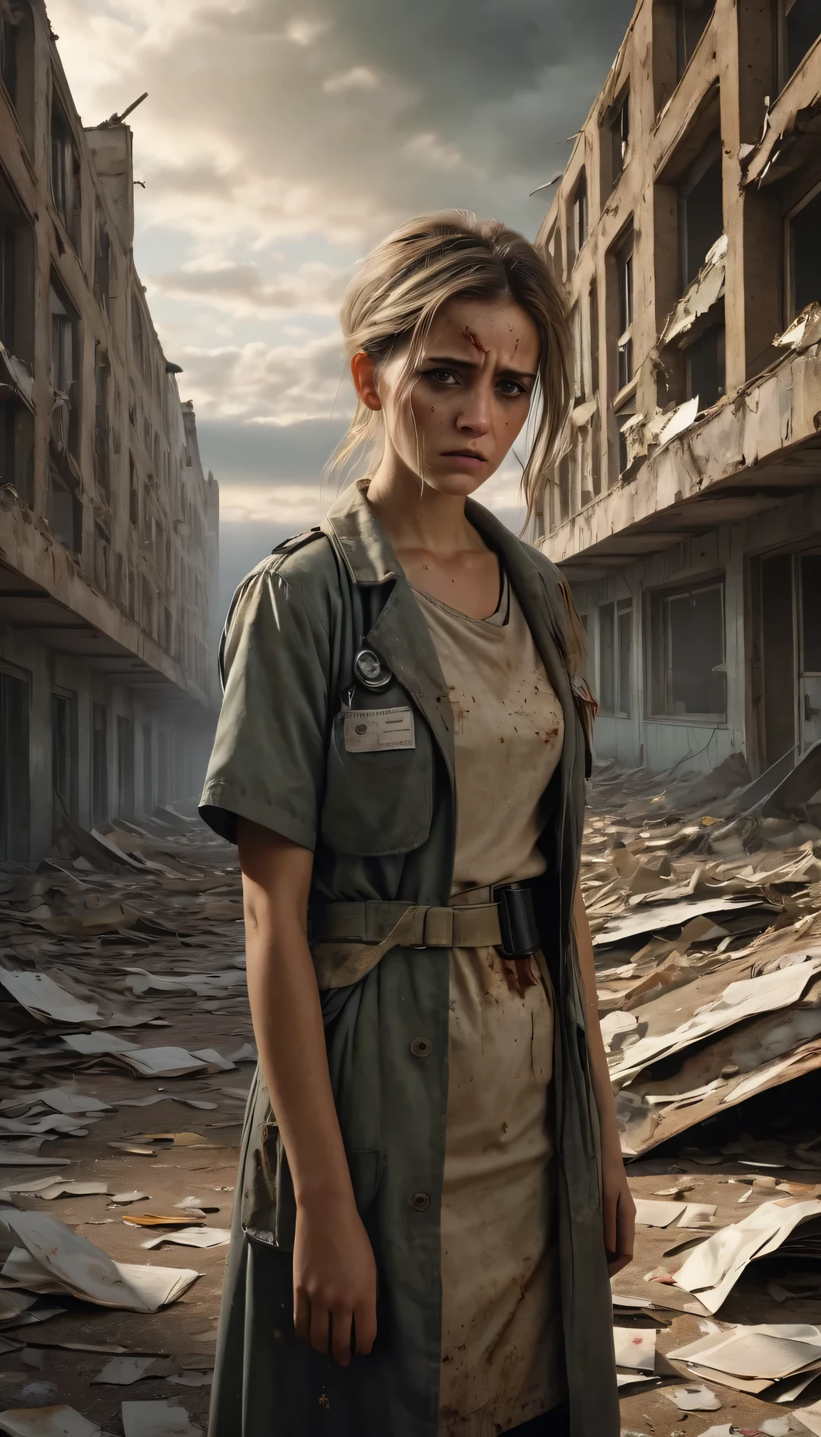 (best quality,4k,8k,highres,masterpiece:1.2),ultra-detailed,post-apocalyptic wasteland,desolate hospital,barren landscape,indoor,dusty atmosphere,overgrown with weeds,ruined buildings,crumbling walls,injured girl, a stretcher,abandoned medical equipment,flickering dim lights,shattered windows,faint sunlight peeking through the cracks,silence interrupted by distant echoes,decaying furniture and belongings,mysterious medical experiments,empty corridors and hallways,sadness in her realistic,photorealistic:1.37 eyes,dirty bandages,makeshift bandages,desperation on her face,anguished expression,muted colors,ominous clouds in the sky,ruined cityscape in the background,tattered clothes,hope in her eyes,scattered papers and documents,decipherable symbols on the walls,evocative art style,contrast between destruction and resilience,heart-wrenching story hidden within the scene