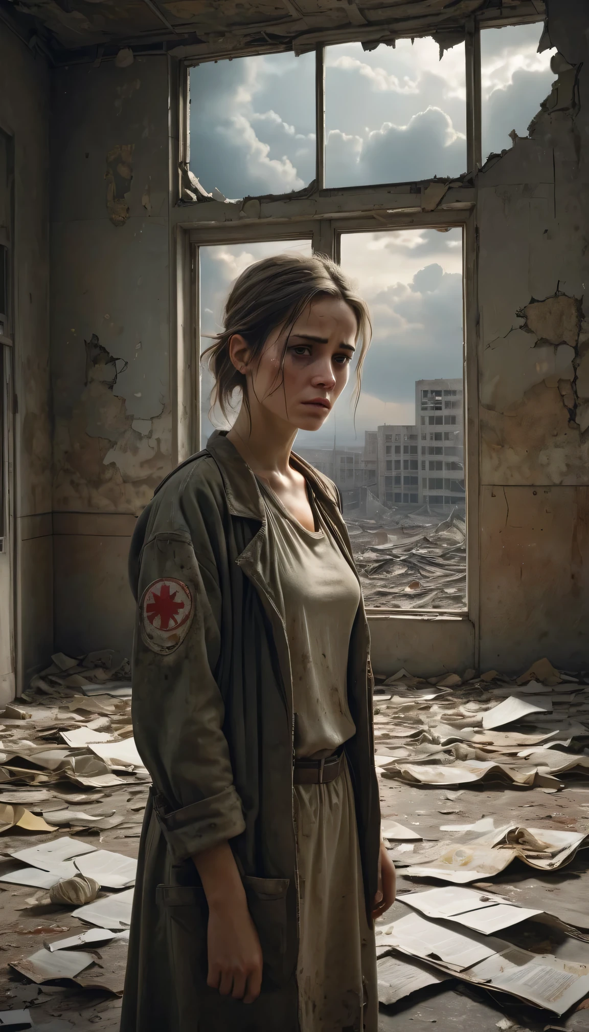 (best quality,4k,8k,highres,masterpiece:1.2),ultra-detailed,post-apocalyptic wasteland,desolate hospital,barren landscape,indoor,dusty atmosphere,overgrown with weeds,ruined buildings,crumbling walls,injured girl, a stretcher,abandoned medical equipment,flickering dim lights,shattered windows,faint sunlight peeking through the cracks,silence interrupted by distant echoes,decaying furniture and belongings,mysterious medical experiments,empty corridors and hallways,sadness in her realistic,photorealistic:1.37 eyes,dirty bandages,makeshift bandages,desperation on her face,anguished expression,muted colors,ominous clouds in the sky,ruined cityscape in the background,tattered clothes,hope in her eyes,scattered papers and documents,decipherable symbols on the walls,evocative art style,contrast between destruction and resilience,heart-wrenching story hidden within the scene