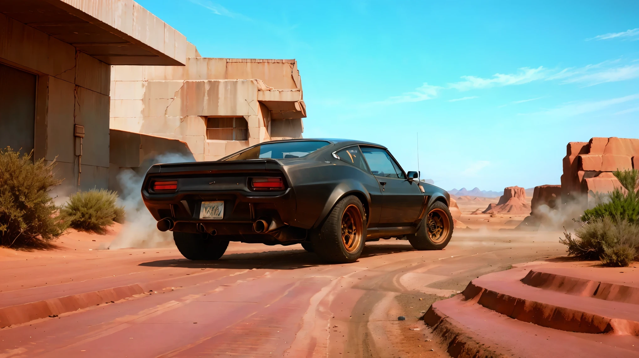 (highest quality:1.2, Very detailed, High Contrast, masterpiece:1.2, Best Quality, Best aesthetics), Mad Max, Ford Falcon XB, ((Black coloring)), V8 Interceptor, supercharger, Equipped with twin overhead cams, A jet-black special pursuit vehicle tuned up to 600 horsepower., Running in the wilderness, Sand Dust, Dynamic Angle, Cinema lighting, Dynamic light and shadow,High resolution, Sharp focus, Speed, Uplifting, Rich colors, beautiful, Correct perspective, background blur taste,