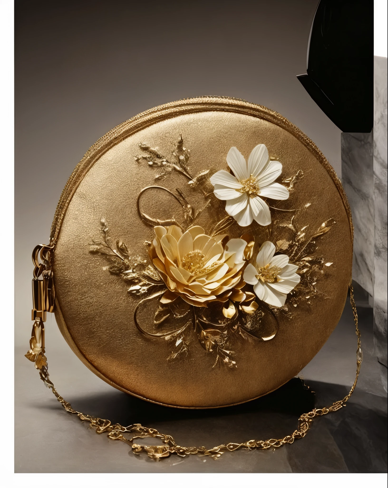 Masterpiece, Super detail, 16K, Top image quality, Very complex and detailed details, a close up of a purse with a small perfume bottle and a brush, with metal flower decoration, Art direction set up, givenchy, Serge Lutens, Luxury brand, ivory makeup, perfume, Product photography, Chaumet Paris style, inspiration, Beautiful luxury, fair